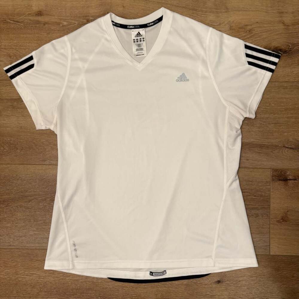 adidas ClimaCool Response Women’s XL White V Neck 3 Stripe Black Athletic Shirt